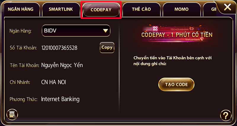Nạp tiền CODE PAY